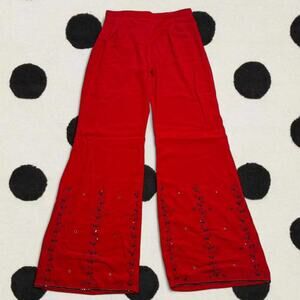 Red Low Rise Sequin Embroidered Flare Trousers Going Pants Size Medium Waist 26”